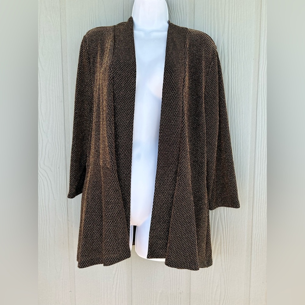 102*.Tan Jay Petite Women's Black Metallic Gold Sparkle  Open- Front Jacket